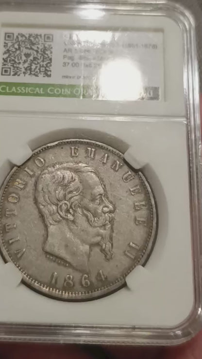 5 LIRE 1864 NAPOLI CCG VF30 SCUDO VITTORIO EMANUELE II RARA MONETA IN ARGENTO