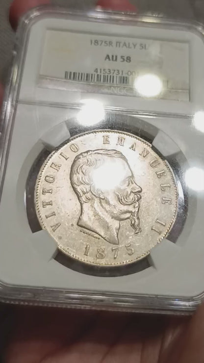 5 LIRE 1875 ROMA NGC AU58 SCUDO VITTORIO EMANUELE II MONETA IN ARGENTO