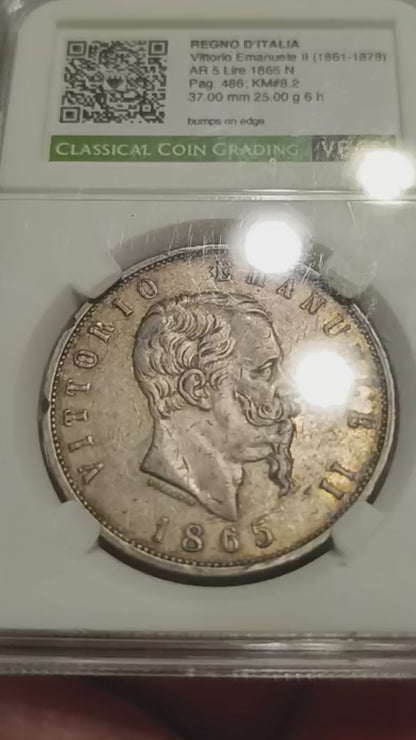 5 LIRE 1865 NAPOLI CCG VF35 SCUDO VITTORIO EMANUELE II RARA MONETA IN ARGENTO