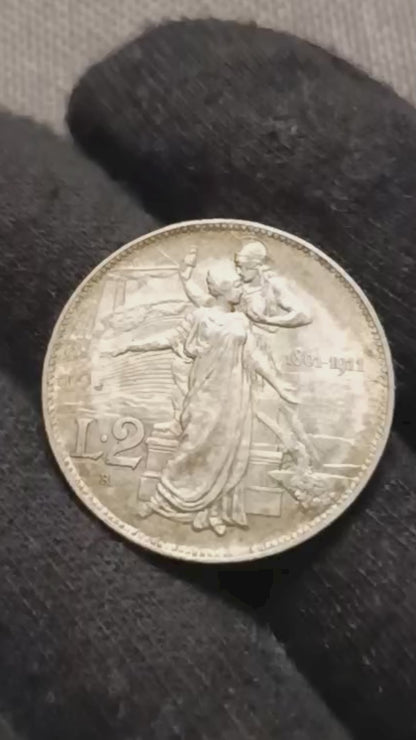 2 LIRE 1911 CINQUANTENARIO qFDC PATINA A BERSAGLIO MONETA IN ARGENTO