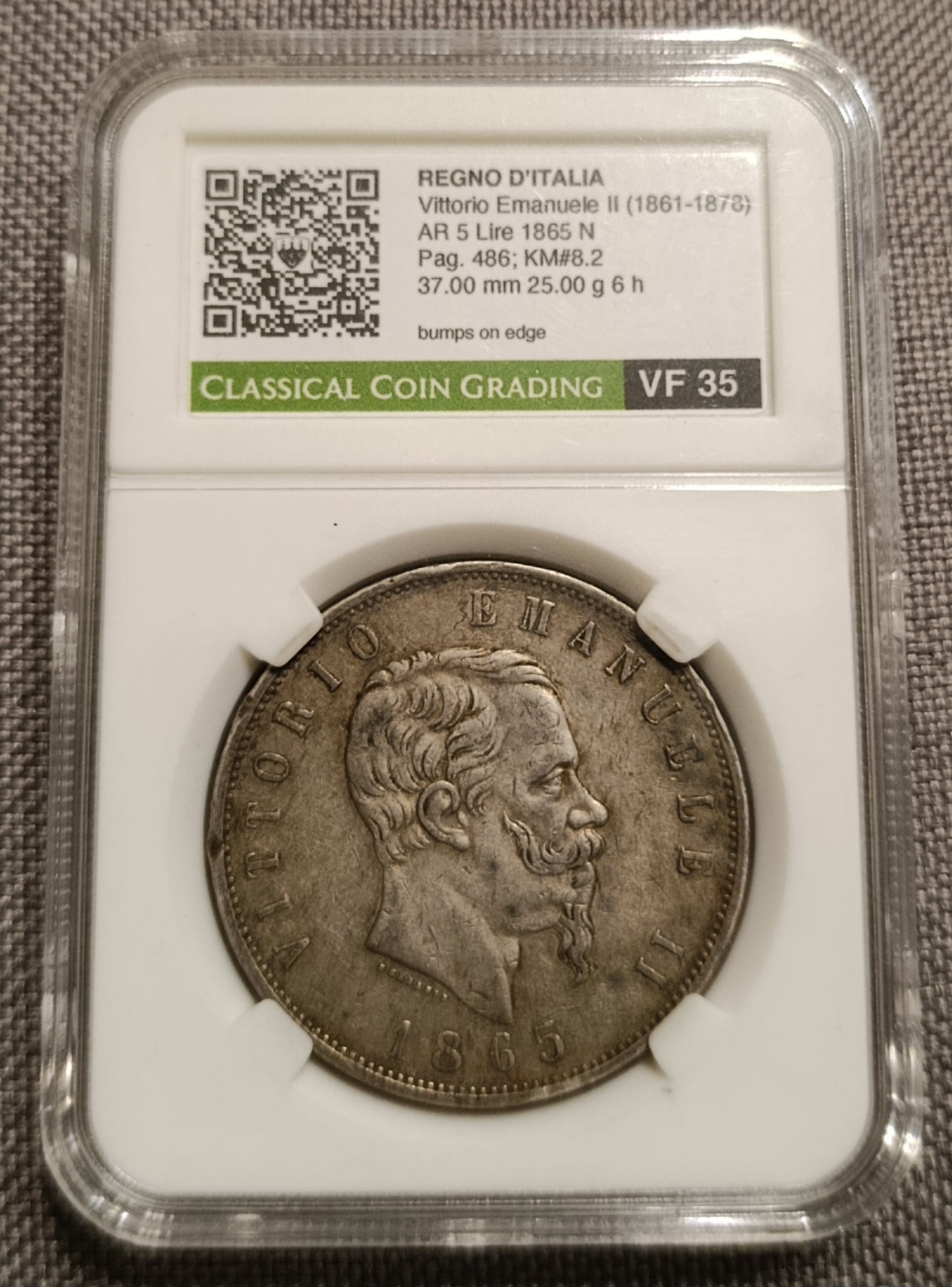 5 LIRE 1865 NAPOLI CCG VF35 SCUDO VITTORIO EMANUELE II RARA MONETA IN ARGENTO