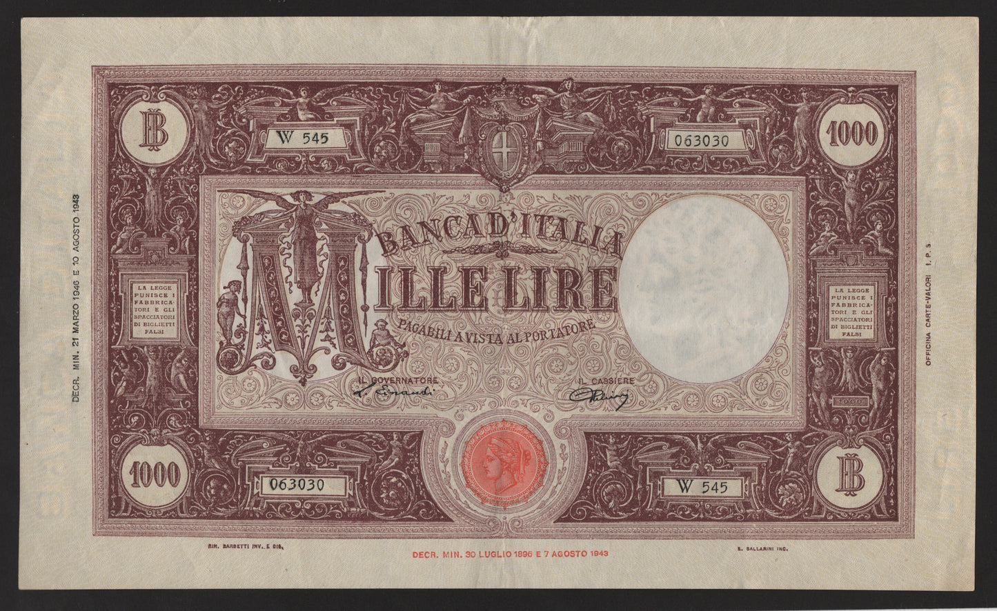 1000 LIRE GRANDE "M" BARBETTI 21/03/1946 qSPL