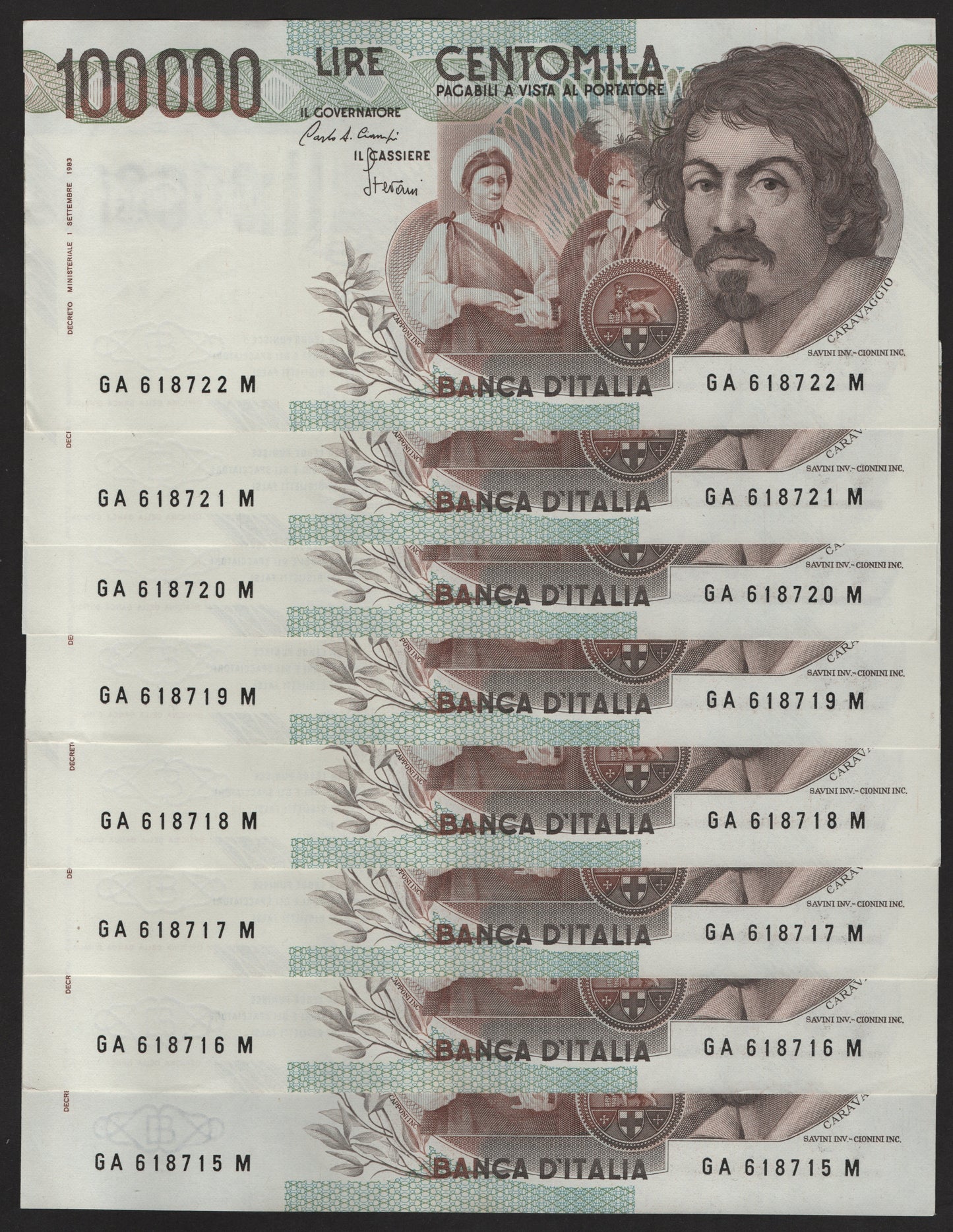 100000 LIRE CARAVAGGIO 1° TIPO LETTERA A 25/10/1983 CONSECUTIVE DA MAZZETTA SUP