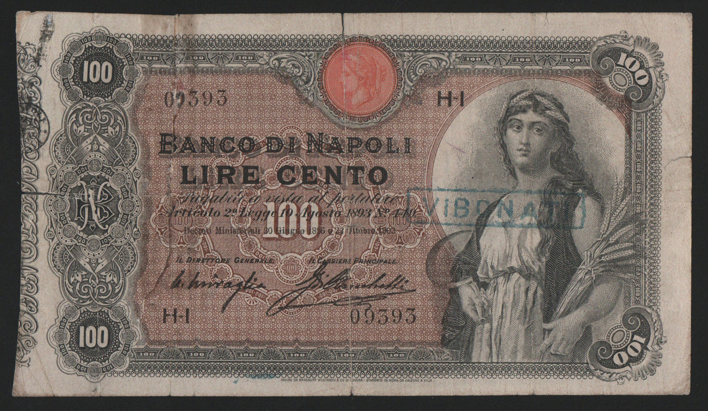 100 LIRE AGRICOLTURA BANCO DI NAPOLI 22/10/1903 R3 MB
