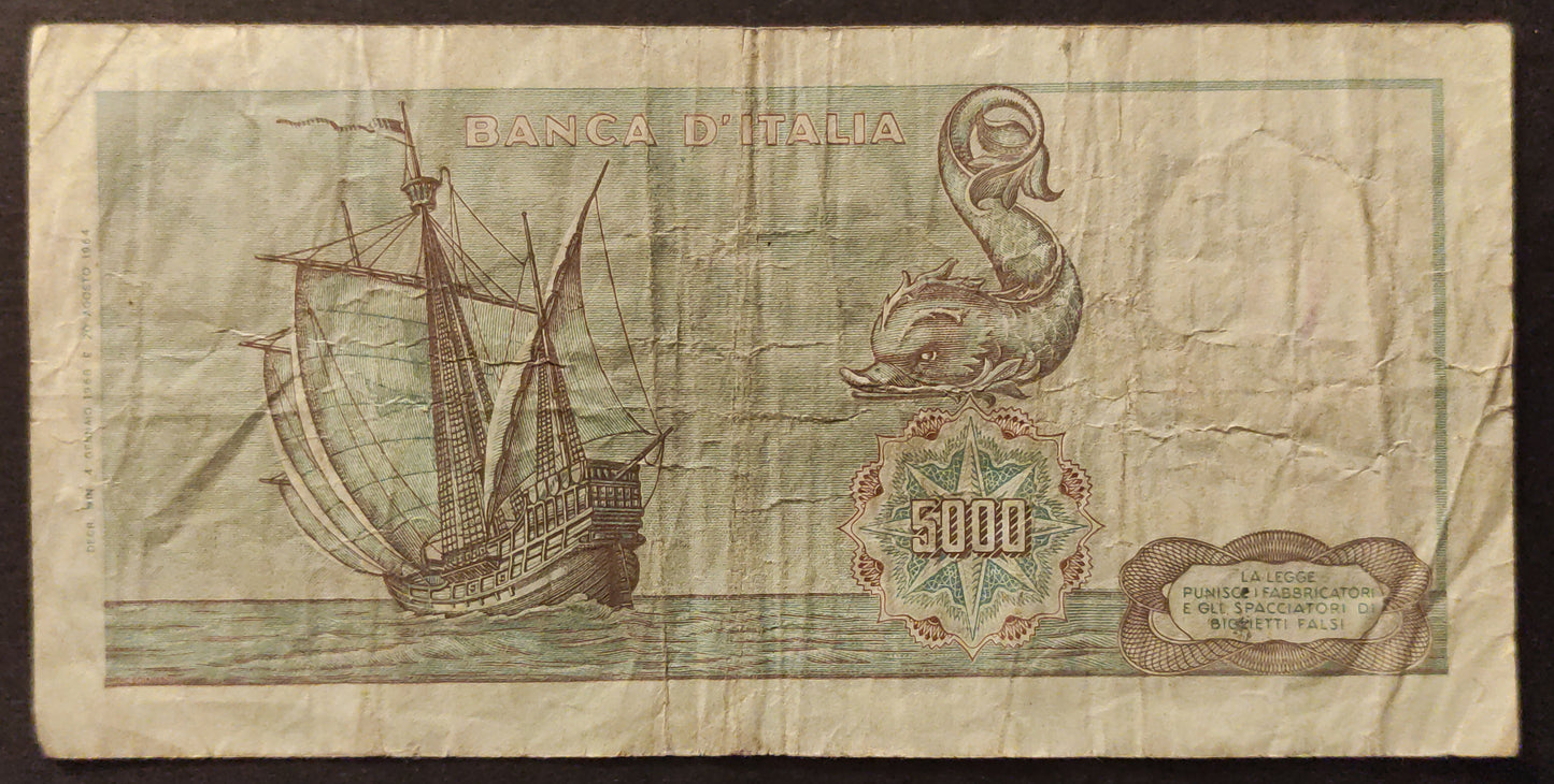 5000 LIRE COLOMBO 1° TIPO 04/01/1968 BB