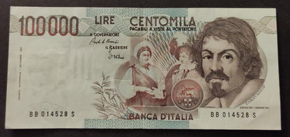 100000 LIRE CARAVAGGIO 1° TIPO LETTERA B 1985 SPL