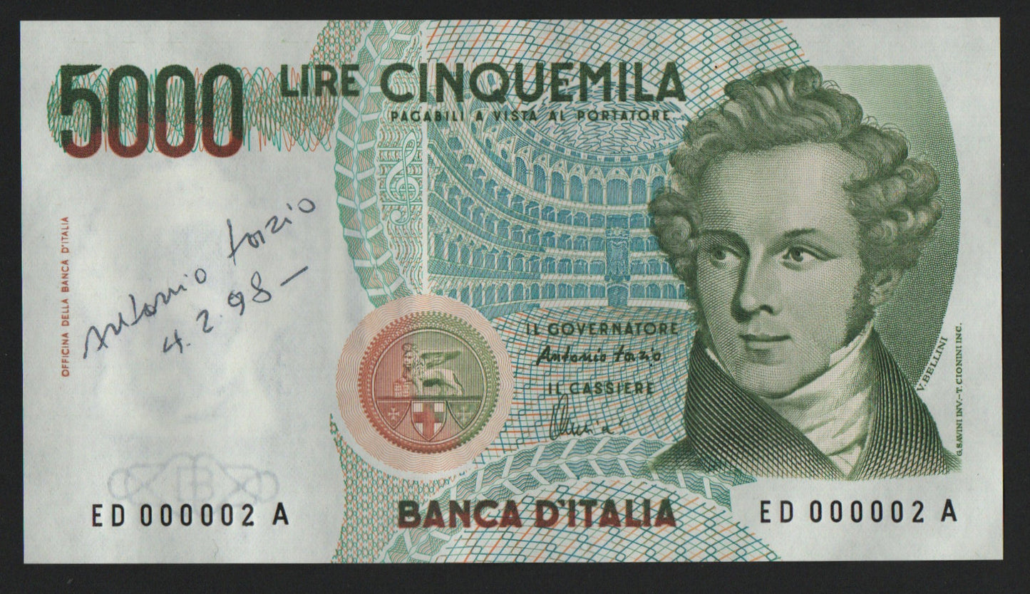 5000 LIRE BELLINI NUMERI PRIMI AUTOGRAFO FIRMATO FAZIO GOVERNATORE qFDS - Numismatica_ita