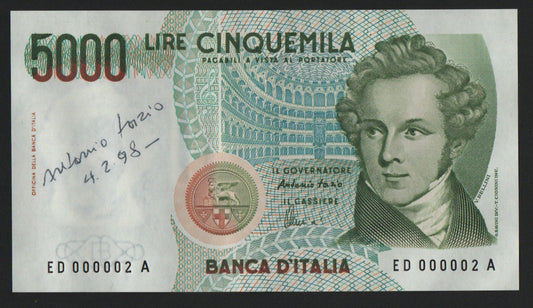 5000 LIRE BELLINI NUMERI PRIMI AUTOGRAFO FIRMATO FAZIO GOVERNATORE qFDS - Numismatica_ita