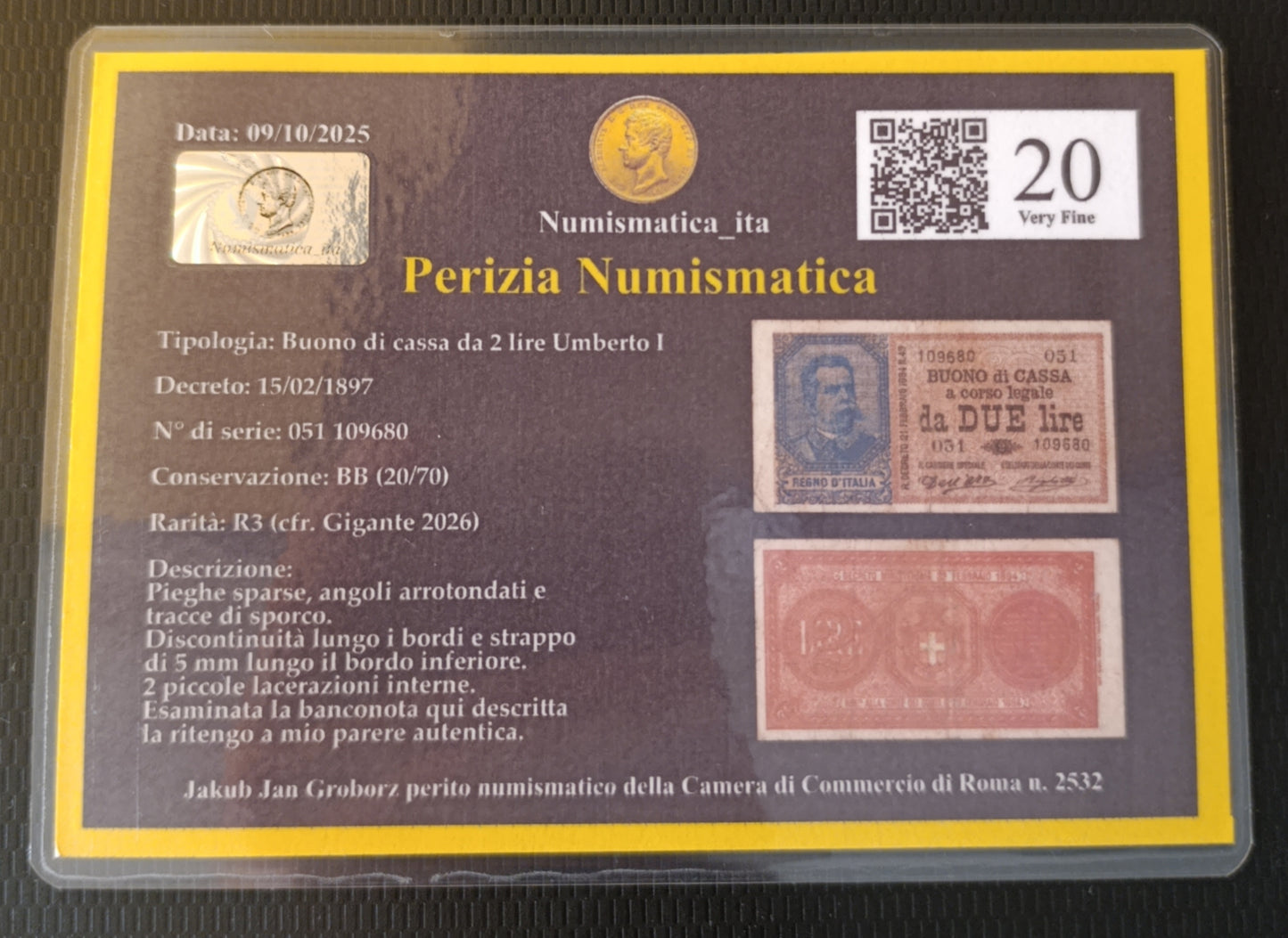 BUONO DI CASSA 2 LIRE UMBERTO I 15/02/1897 BB