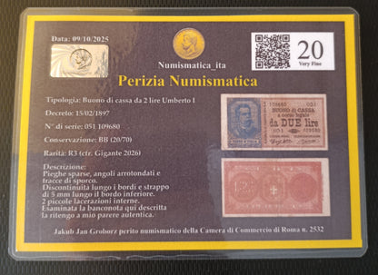BUONO DI CASSA 2 LIRE UMBERTO I 15/02/1897 BB