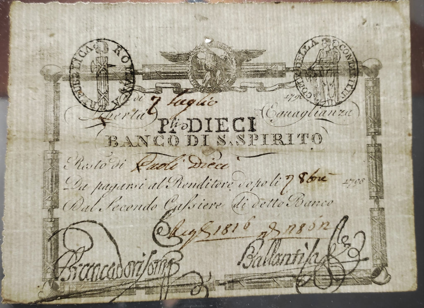 10 PAOLI 07/07/1798 BANCO DI SANTO SPIRITO REPUBBLICA ROMANA STATO PONTIFICIO SPL - Numismatica_ita