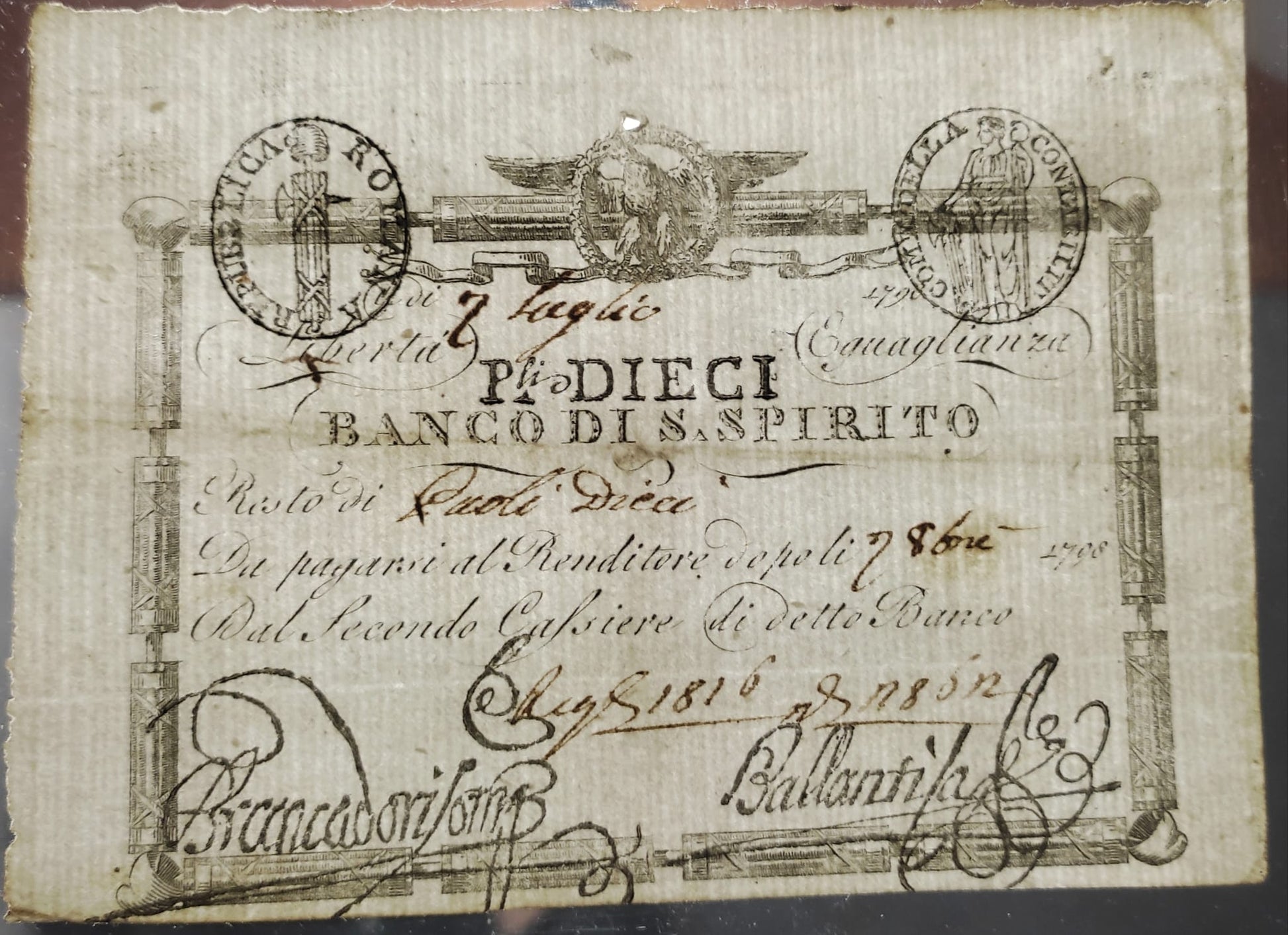 10 PAOLI 07/07/1798 BANCO DI SANTO SPIRITO REPUBBLICA ROMANA STATO PONTIFICIO SPL - Numismatica_ita