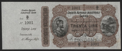 30 LIRE CREDITO AGRICOLO INDUSTRIALE SARDO CAMPIONE/SPECIMEN 01/03/1874 SUP+