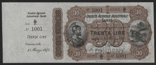30 LIRE CREDITO AGRICOLO INDUSTRIALE SARDO CAMPIONE/SPECIMEN 01/03/1874 SUP+