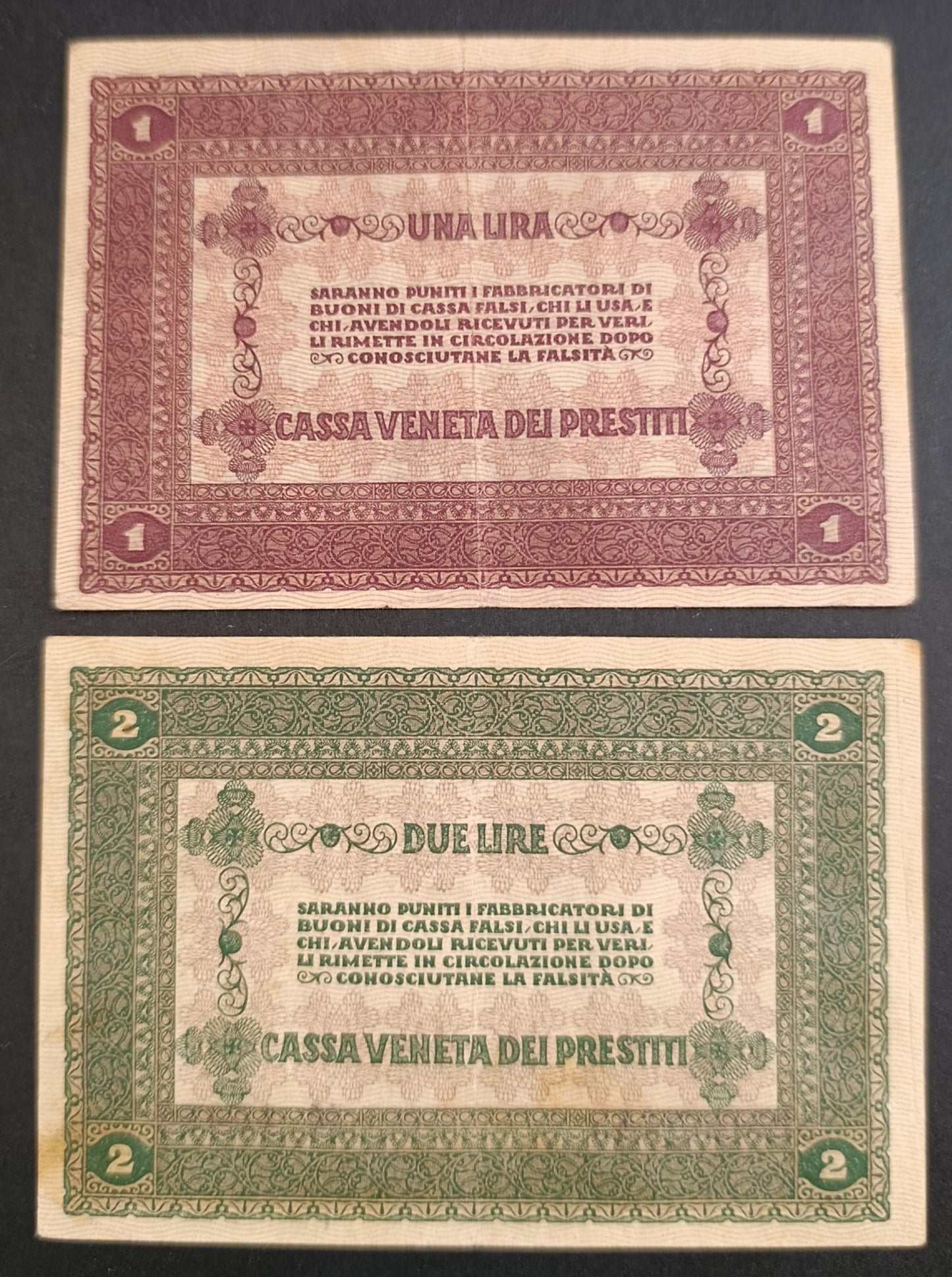 LOTTO BANCONOTE ITALIANE 1 E 2 LIRE CASSA VENETA DEI PRESTITI 02/01/1918