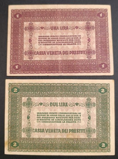 LOTTO BANCONOTE ITALIANE 1 E 2 LIRE CASSA VENETA DEI PRESTITI 02/01/1918