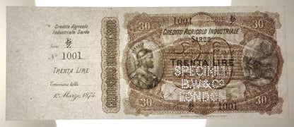 30 LIRE CREDITO AGRICOLO INDUSTRIALE SARDO CAMPIONE/SPECIMEN 01/03/1874 SUP+