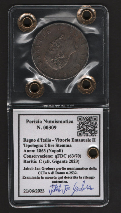 2 LIRE STEMMA 1863 (NAPOLI) PERIZIATA qFDC