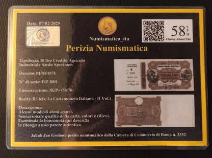 30 LIRE CREDITO AGRICOLO INDUSTRIALE SARDO CAMPIONE/SPECIMEN 01/03/1874 SUP+