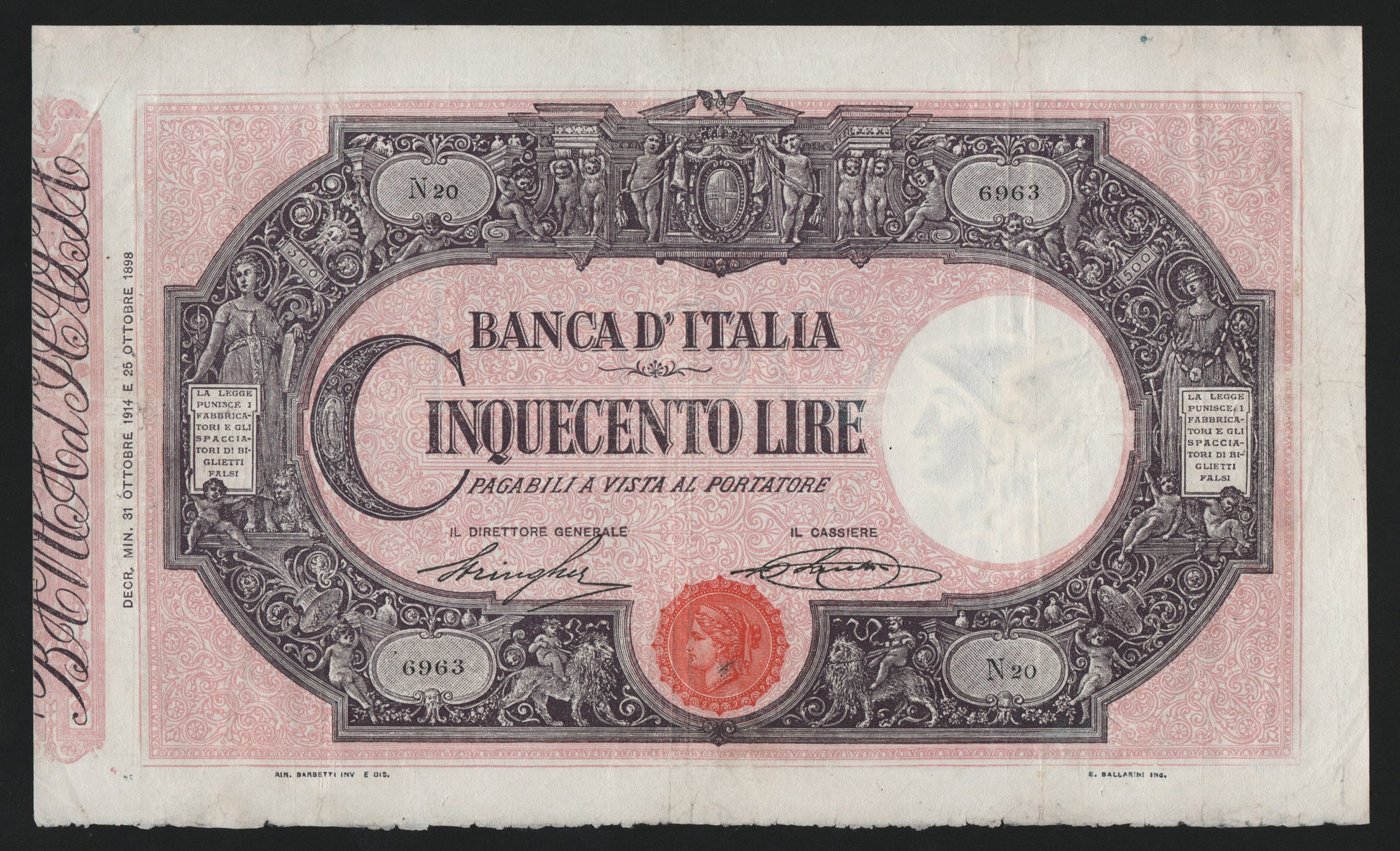 500 LIRE MATRICE (DECRETO) 31/10/1914 BB+ - Numismatica_ita