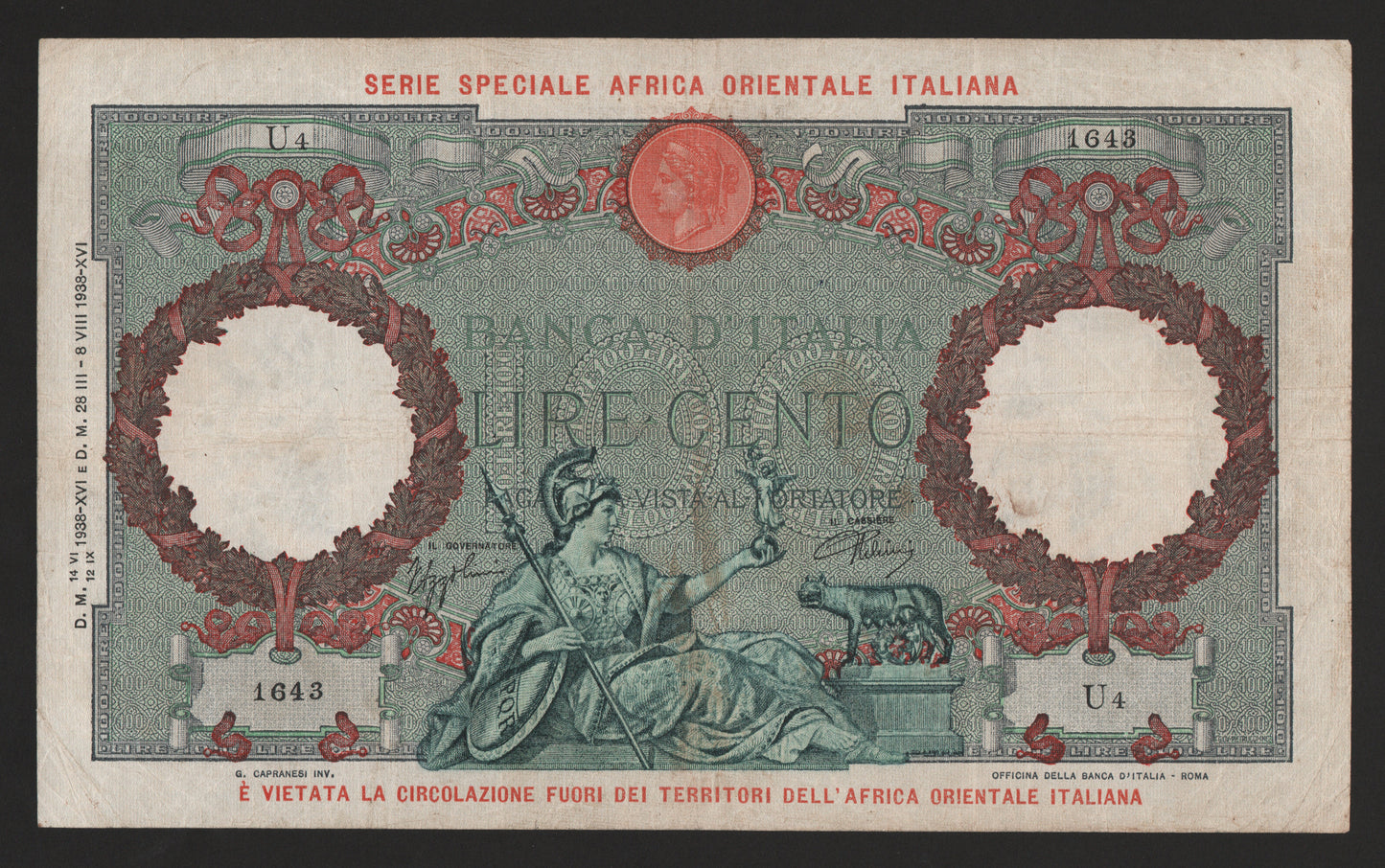 100 LIRE AQUILA ROMANA AFRICA ORIENTALE ITALIANA 1938 BB