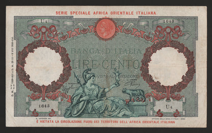 100 LIRE AQUILA ROMANA AFRICA ORIENTALE ITALIANA 1938 BB