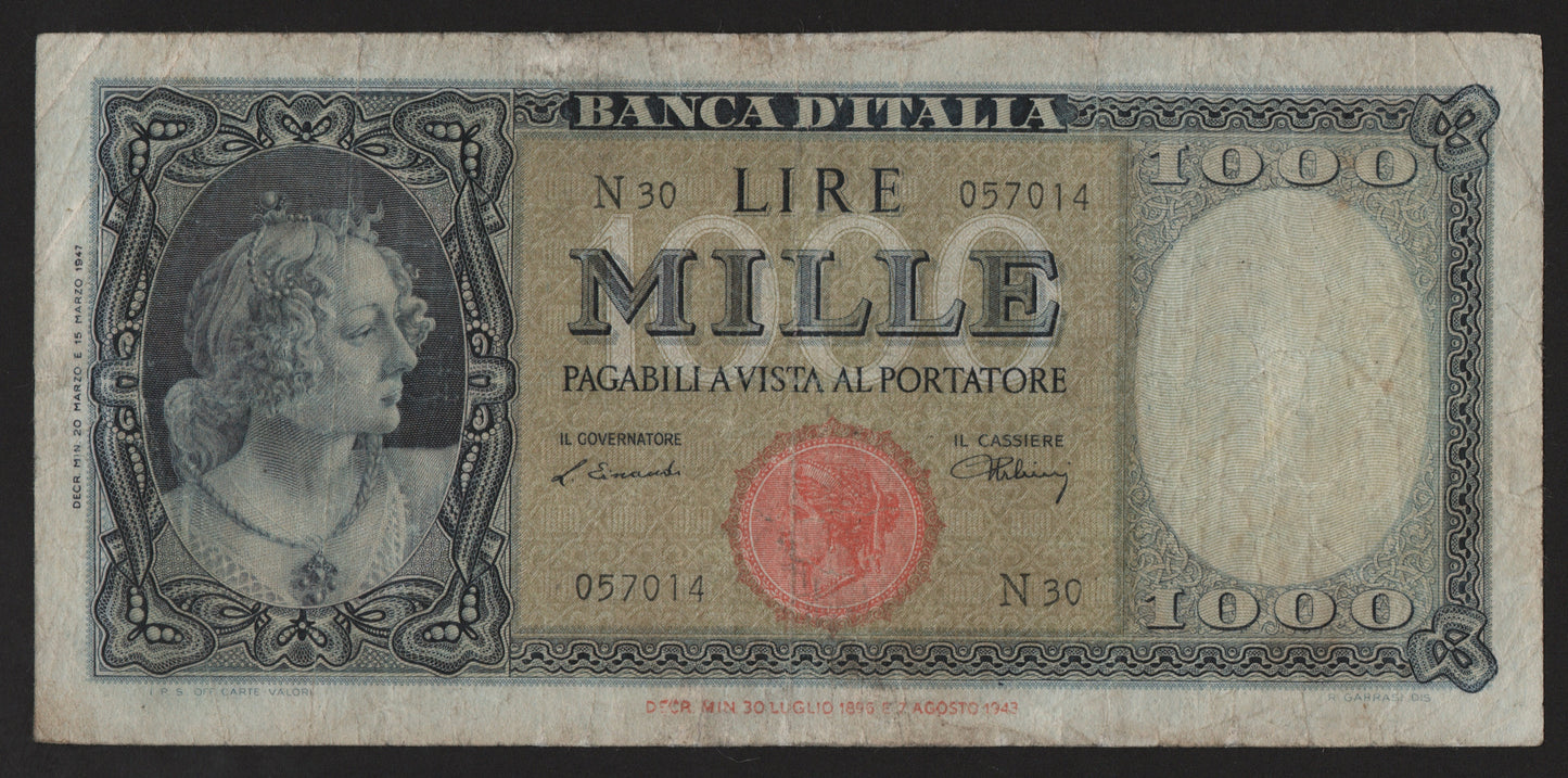 1000 LIRE ITALIA ORNATA DI PERLE (TESTINA) 20/03/1947 MB+