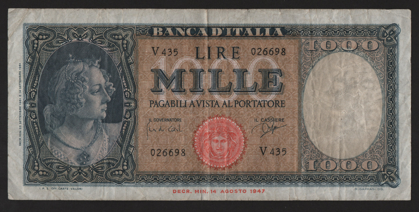 1000 LIRE ITALIA ORNATA DI PERLE (MEDUSA) 25/09/1961 BB