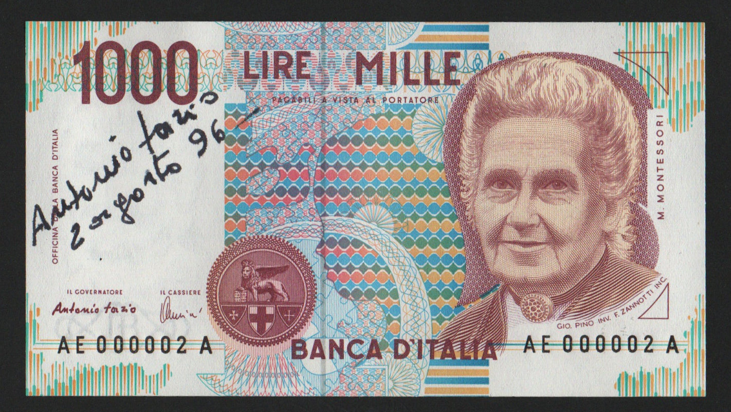 1000 LIRE MONTESSORI NUMERI PRIMI AUTOGRAFO FIRMATO FAZIO GOVERNATORE qFDS