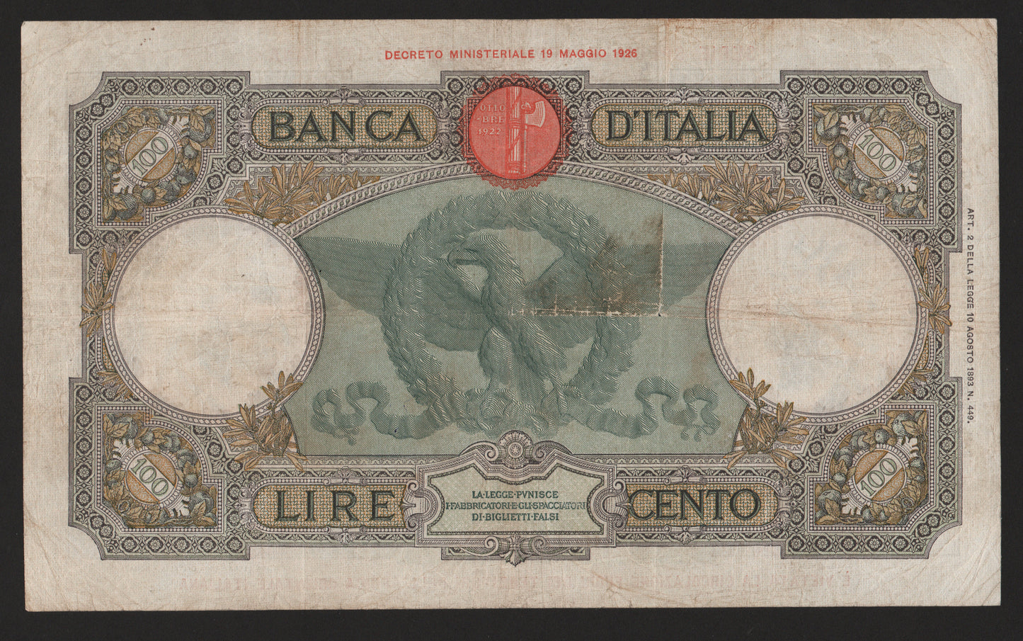 100 LIRE AQUILA ROMANA AFRICA ORIENTALE ITALIANA 1938 BB