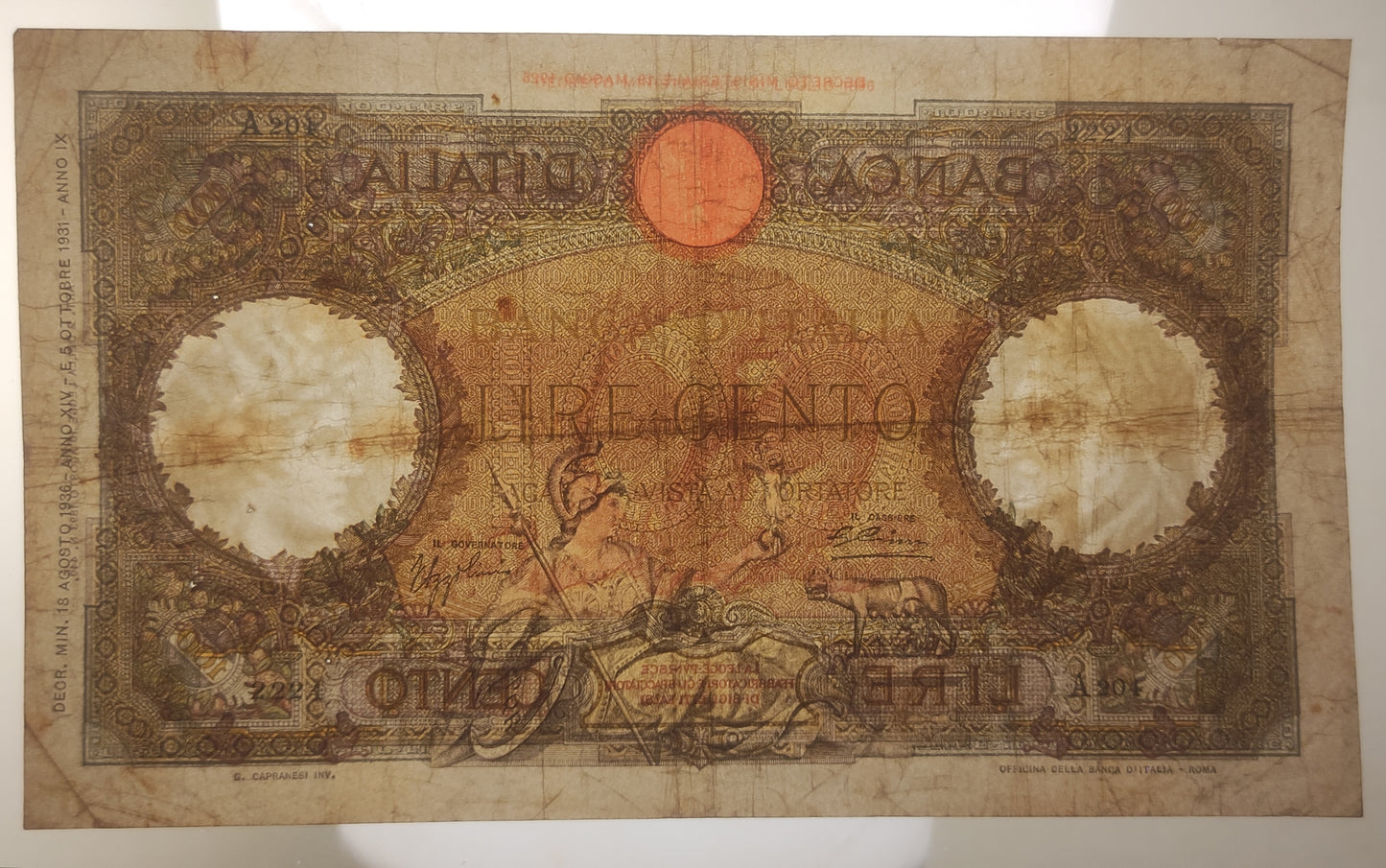 100 LIRE ROMA GUERRIERA (FASCIO) PRIMA BANCONOTA IMPERIALE 18/08/1936 BB