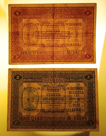 LOTTO BANCONOTE ITALIANE 1 E 2 LIRE CASSA VENETA DEI PRESTITI 02/01/1918