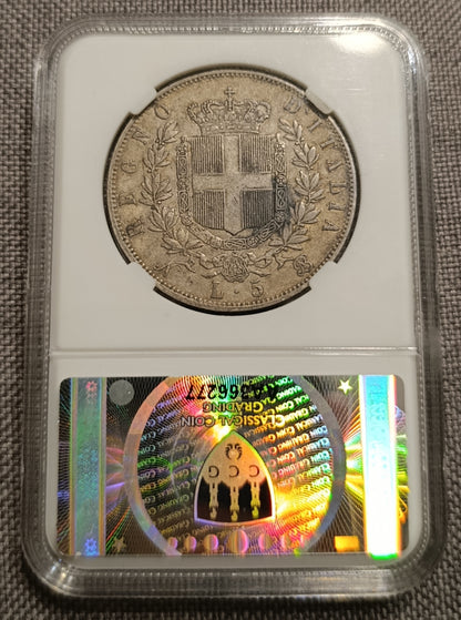 5 LIRE 1865 NAPOLI CCG VF35 SCUDO VITTORIO EMANUELE II RARA MONETA IN ARGENTO