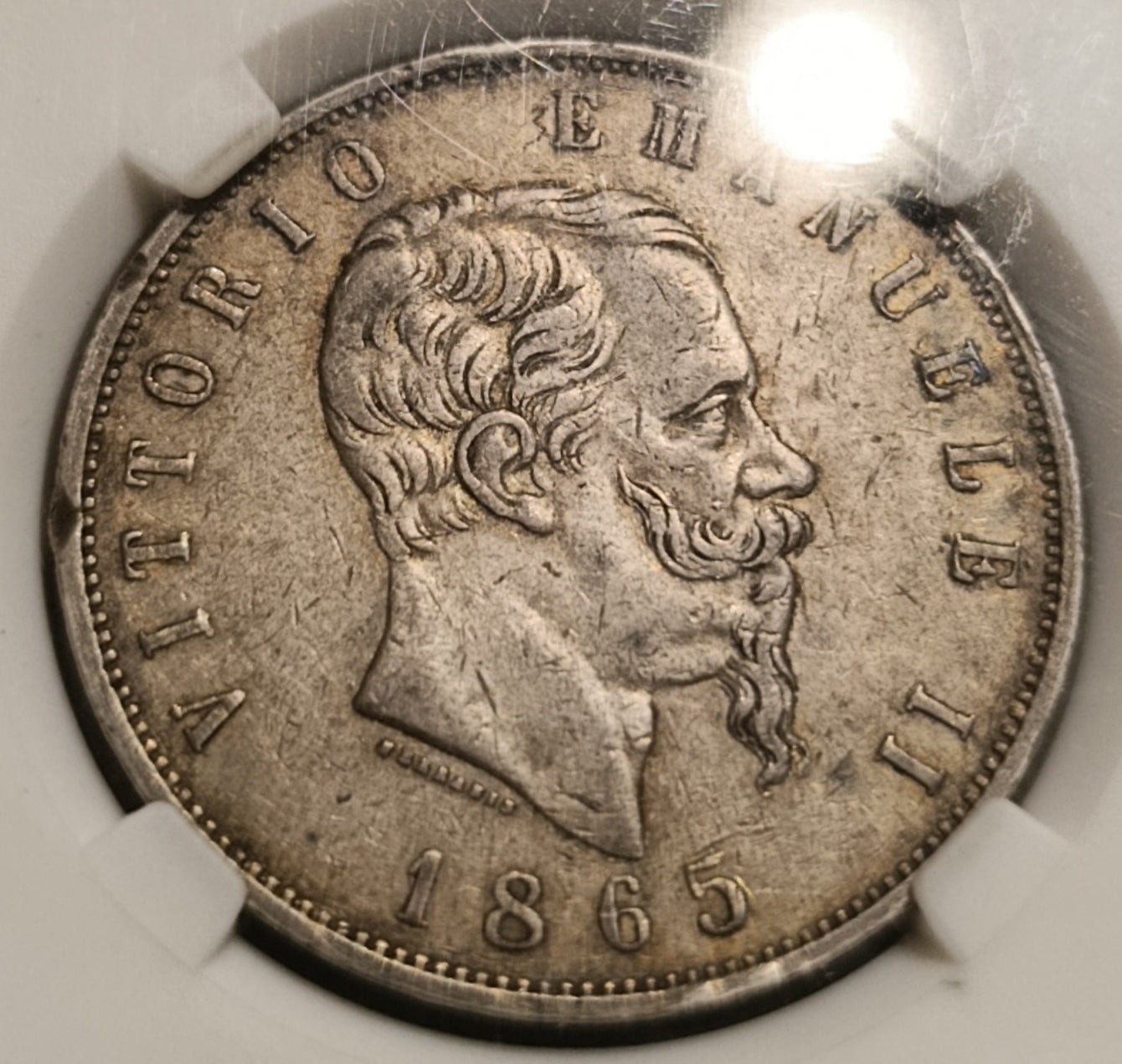 5 LIRE 1865 NAPOLI CCG VF35 SCUDO VITTORIO EMANUELE II RARA MONETA IN ARGENTO