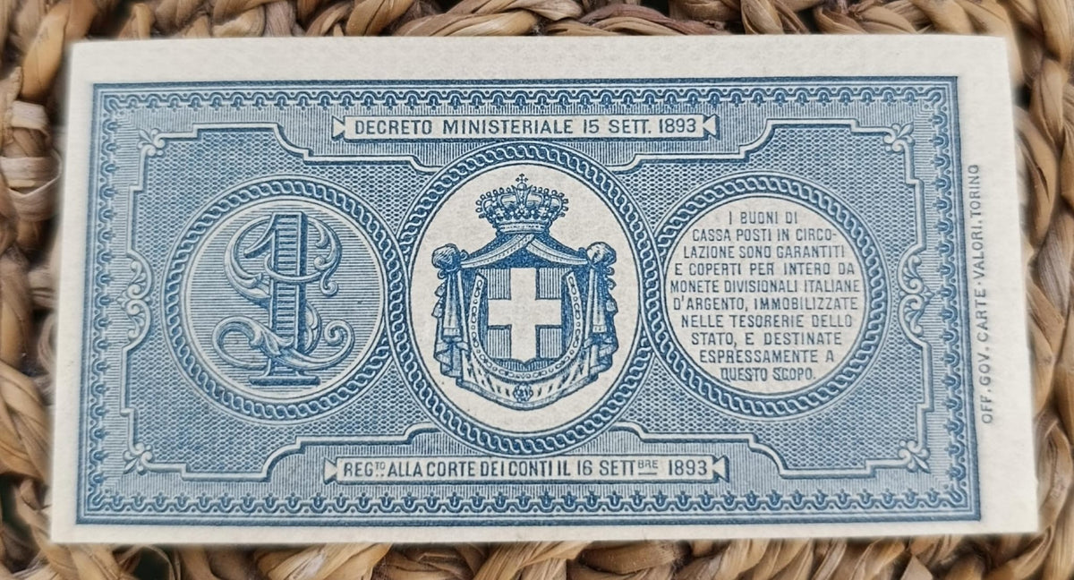 BUONO DI CASSA DA 1 LIRA UMBERTO I 15/09/1893 SPL+