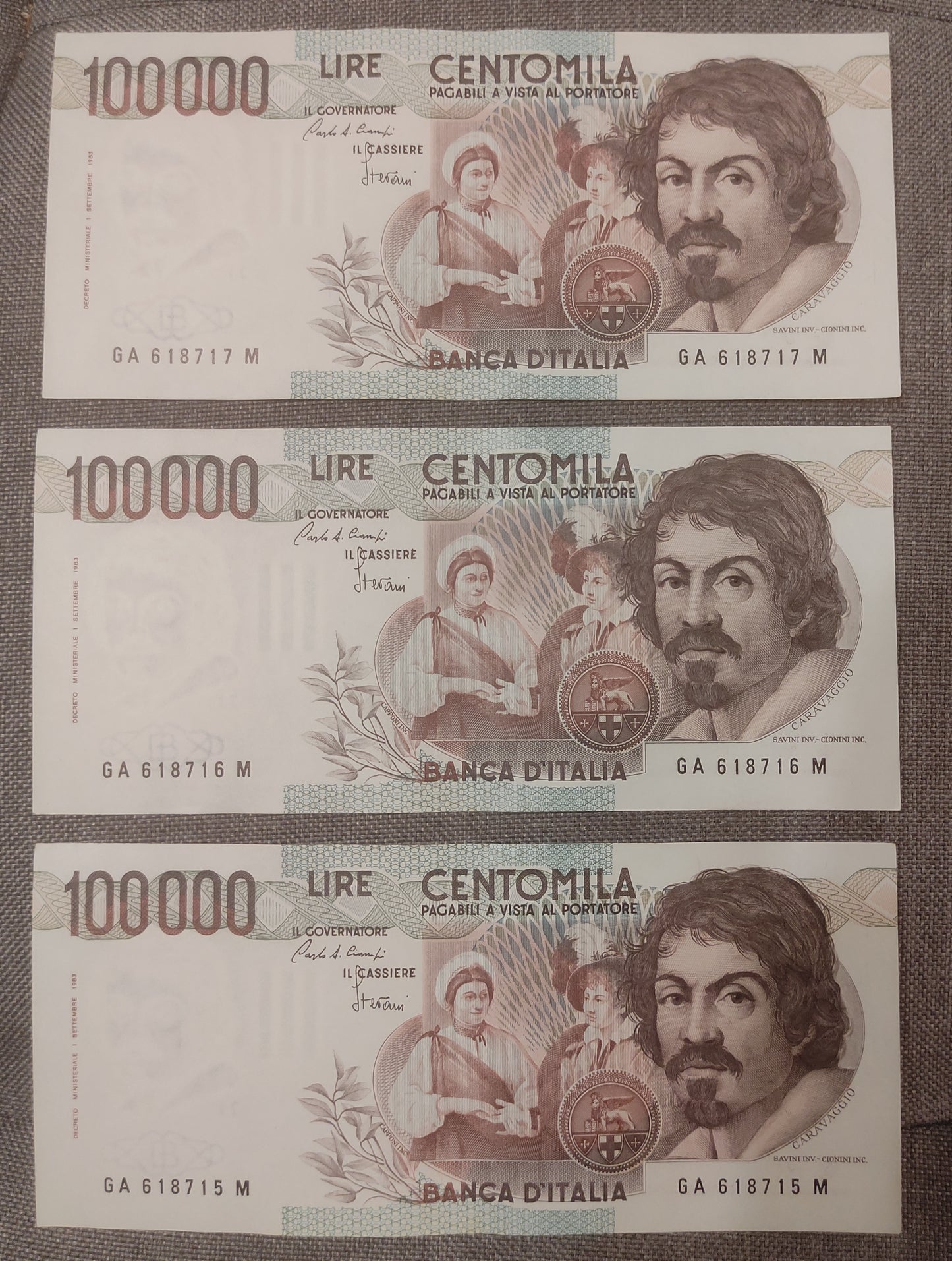 100000 LIRE CARAVAGGIO 1° TIPO LETTERA A 25/10/1983 CONSECUTIVE DA MAZZETTA SUP