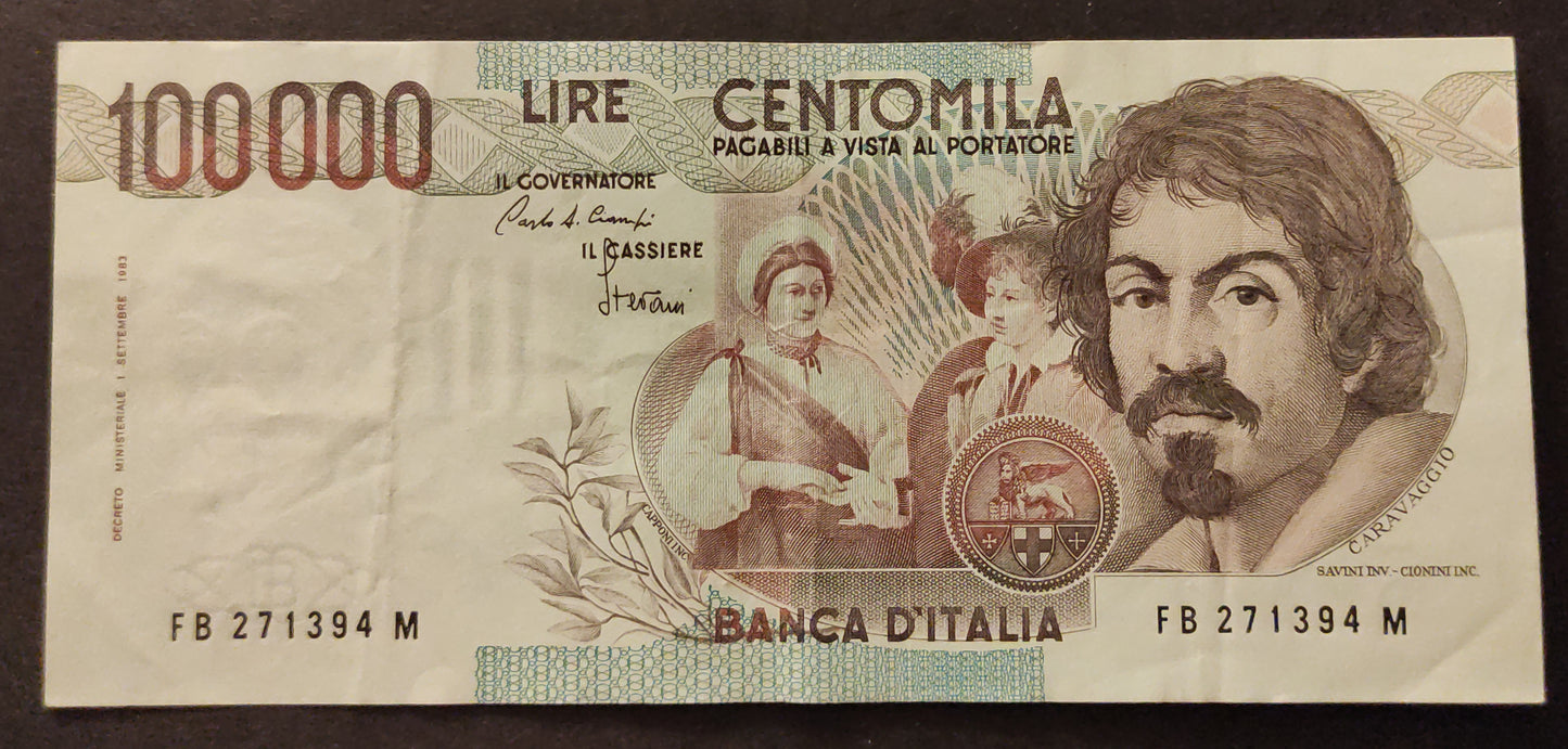 100000 LIRE CARAVAGGIO 1° TIPO LETTERA B 1985 qSPL