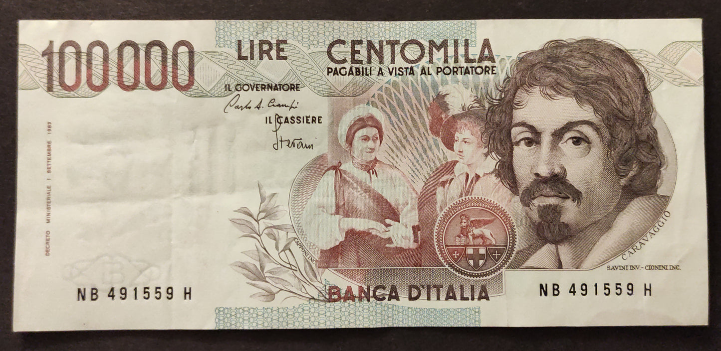 100000 LIRE CARAVAGGIO 1° TIPO LETTERA B 1985 qSPL