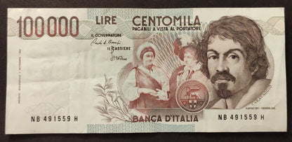 100000 LIRE CARAVAGGIO 1° TIPO LETTERA B 1985 qSPL