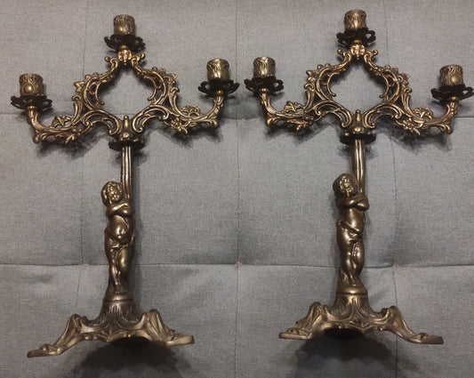 ANTICA COPPIA CANDELABRI BRONZO STILE ROCOCÒ XIX SECOLO 3 BRACCIA DA COLLEZIONE