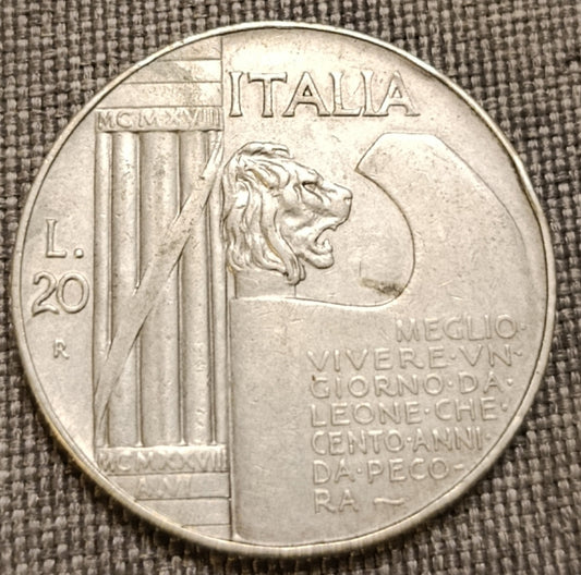 20 LIRE ELMETTO CAPPELLONE 1928 MONETA IN ARGENTO REGNO D'ITALIA BB