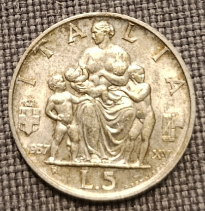 5 LIRE IMPERO 1937 qFDC MONETA IN ARGENTO REGNO D'ITALIA - Numismatica_ita