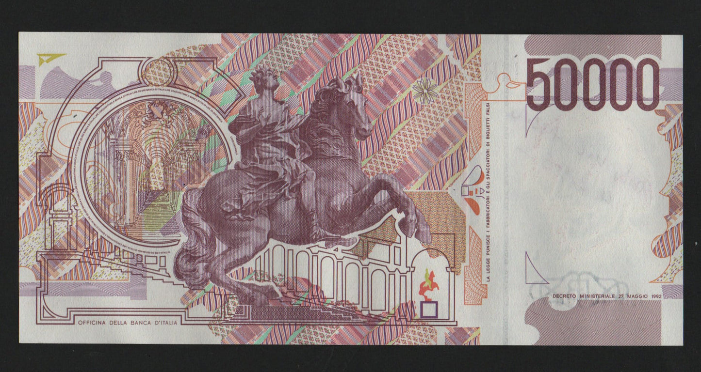 50000 LIRE BERNINI 2° TIPO NUMERI PRIMI CON AUTOGRAFO FIRMATO FAZIO GOVERNATORE SUP