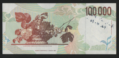 100000 LIRE CARAVAGGIO 2° TIPO NUMERI PRIMI AUTOGRAFO FIRMATO FAZIO GOVERNATORE qFDS