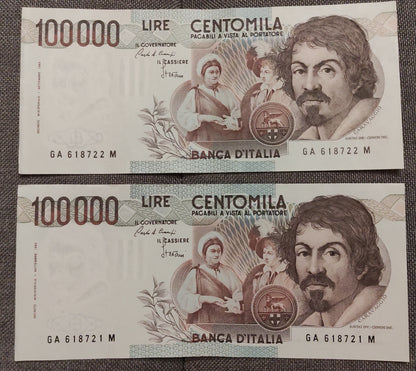 100000 LIRE CARAVAGGIO 1° TIPO LETTERA A 25/10/1983 CONSECUTIVE DA MAZZETTA SUP