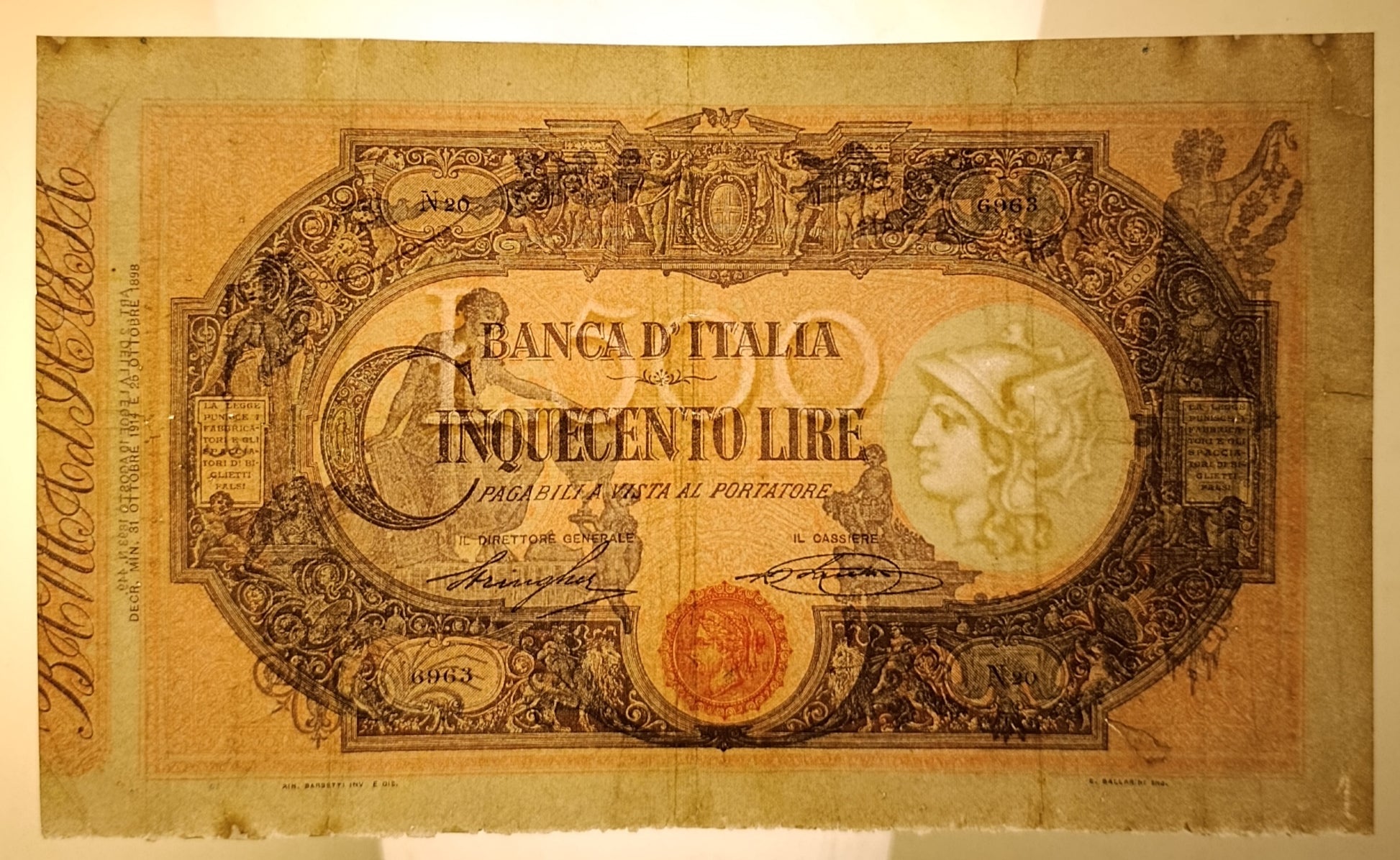 500 LIRE MATRICE (DECRETO) 31/10/1914 BB+ - Numismatica_ita