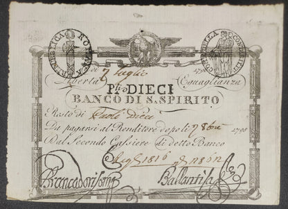 10 PAOLI 07/07/1798 BANCO DI SANTO SPIRITO REPUBBLICA ROMANA STATO PONTIFICIO SPL - Numismatica_ita
