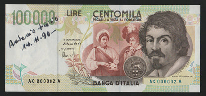 100000 LIRE CARAVAGGIO 2° TIPO NUMERI PRIMI AUTOGRAFO FIRMATO FAZIO GOVERNATORE qFDS