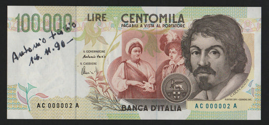 100000 LIRE CARAVAGGIO 2° TIPO NUMERI PRIMI AUTOGRAFO FIRMATO FAZIO GOVERNATORE qFDS
