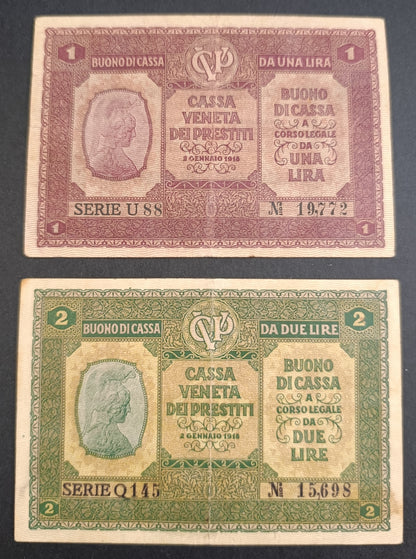 LOTTO BANCONOTE ITALIANE 1 E 2 LIRE CASSA VENETA DEI PRESTITI 02/01/1918